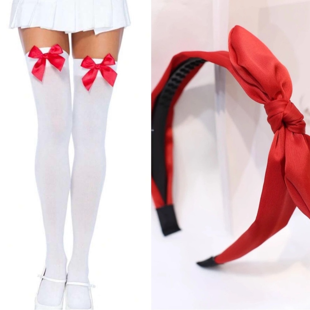 SHEIN Red Bow Headband and White Thigh-High Stockings